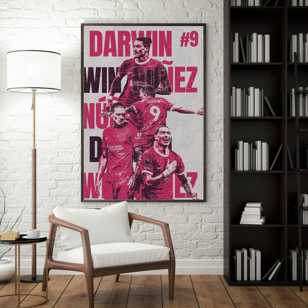 Darwin Núñez Liverpool poster displayed in a modern interior with a dark frame