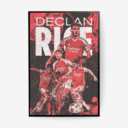 Declan Rice Arsenal poster in a black frame featuring a red and black vintage football collage design