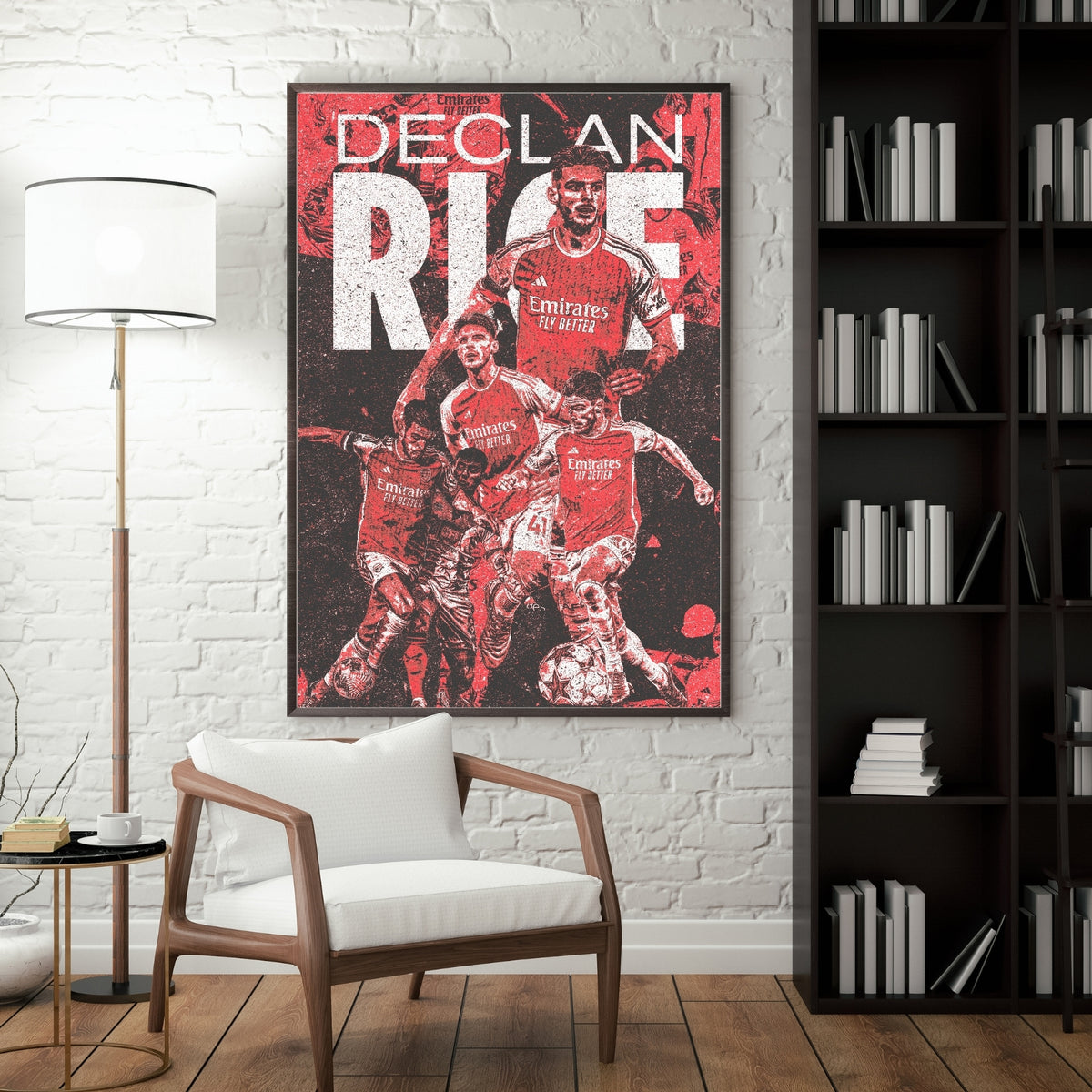 Declan Rice Arsenal poster displayed in a modern interior with a dark frame