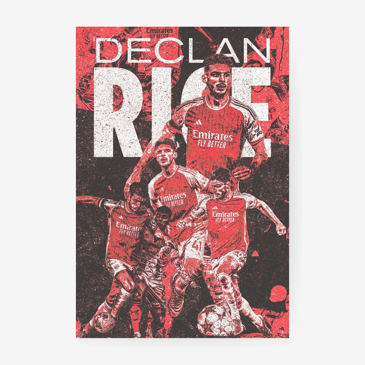 Declan Rice Arsenal poster featuring the midfielder in a red and black retro-style football collage