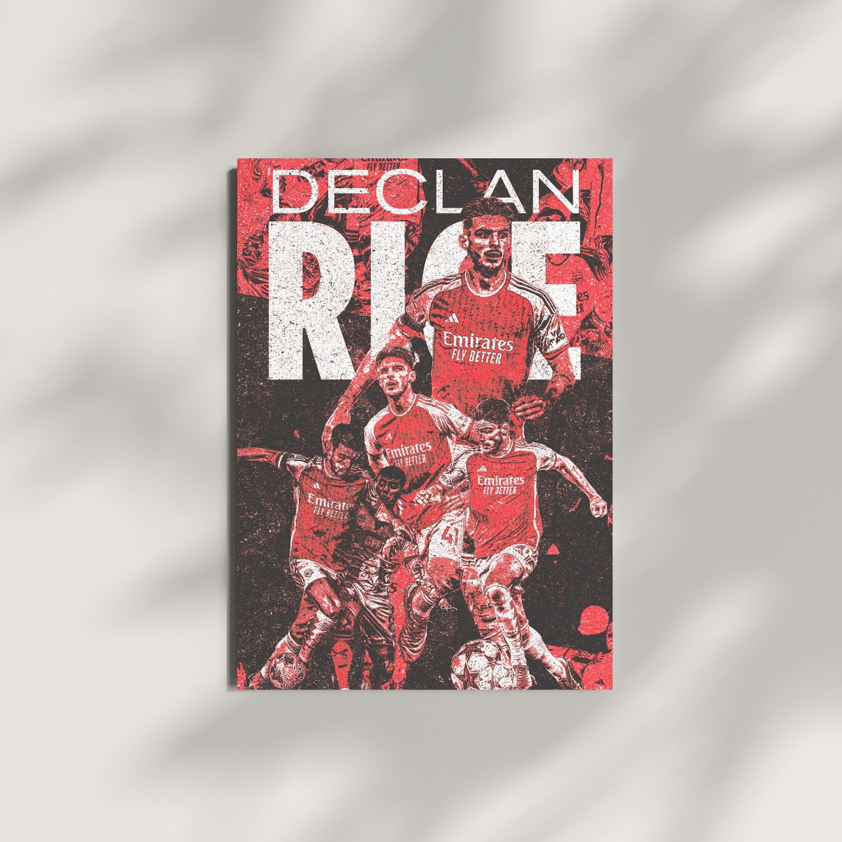 Declan Rice Arsenal wall art displayed on a minimalist wall with a red and black vintage graphic design
