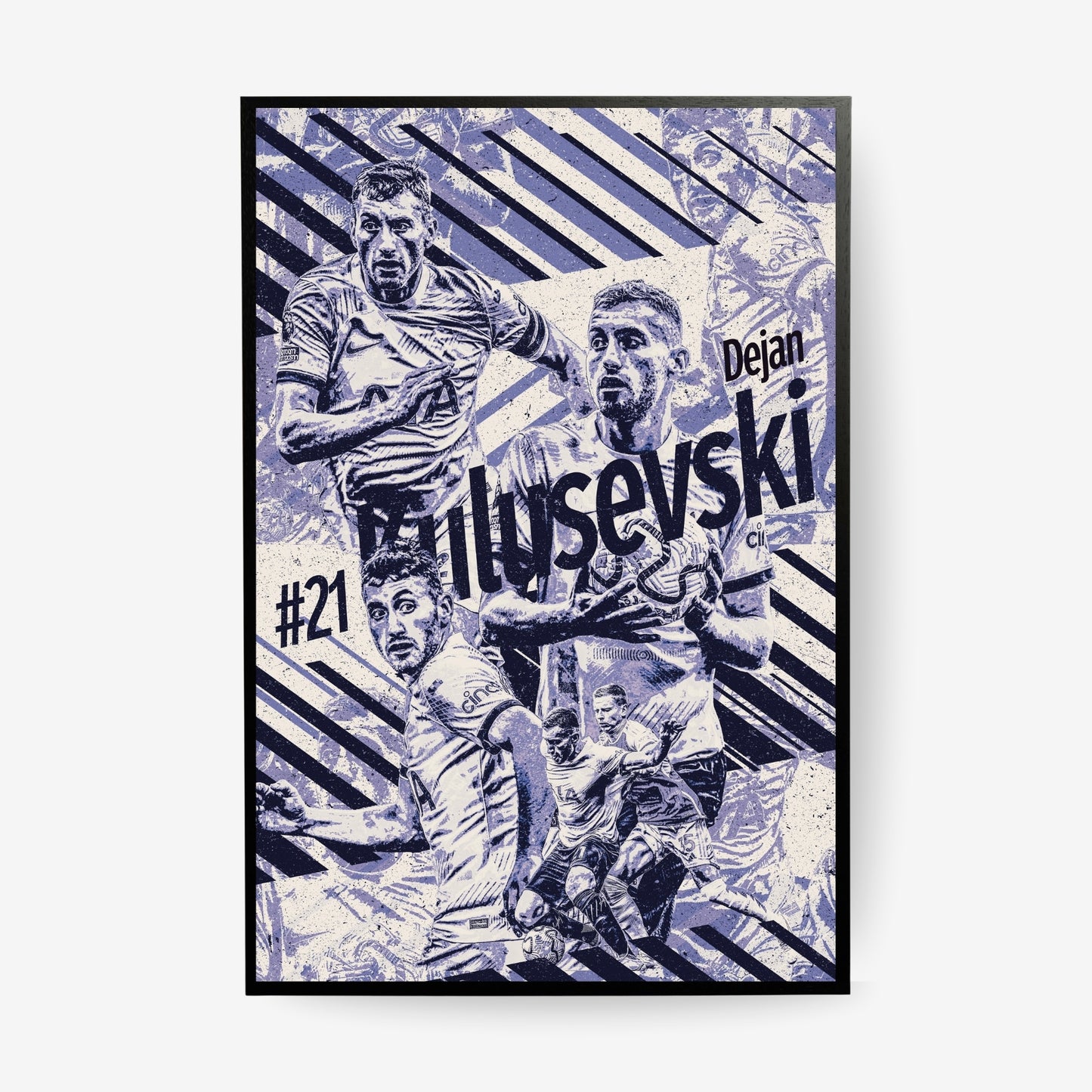 Dejan Kulusevski Tottenham poster in a black frame featuring a blue and white football collage design