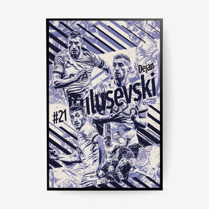 Dejan Kulusevski Tottenham poster in a black frame featuring a blue and white football collage design
