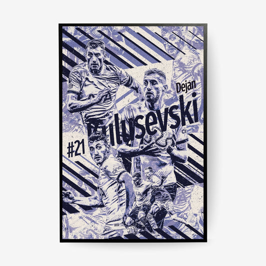 Dejan Kulusevski Tottenham poster in a black frame featuring a blue and white football collage design