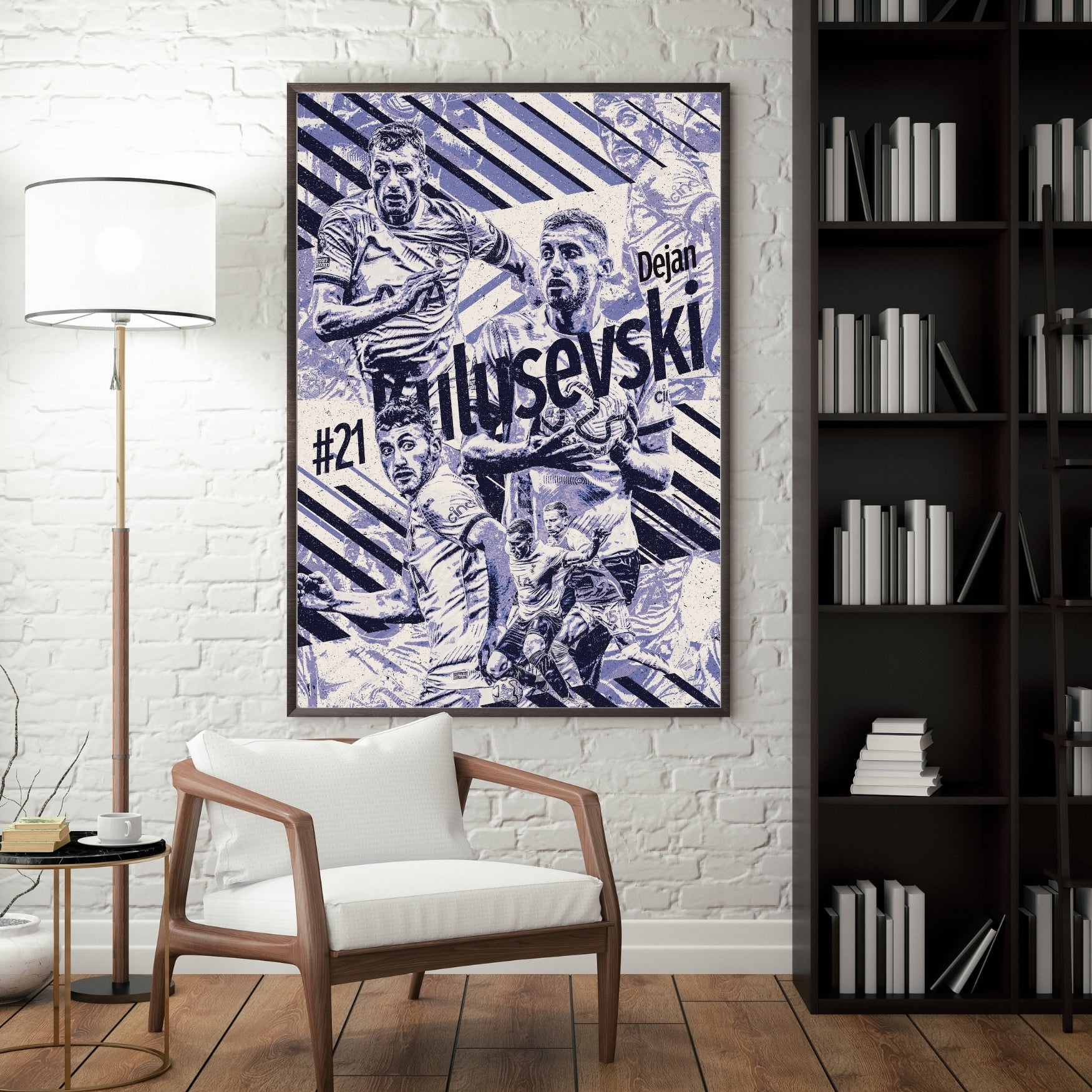 Dejan Kulusevski Tottenham poster displayed in a modern interior with a dark frame