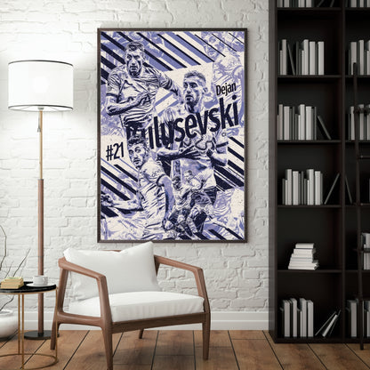 Dejan Kulusevski Tottenham poster displayed in a modern interior with a dark frame