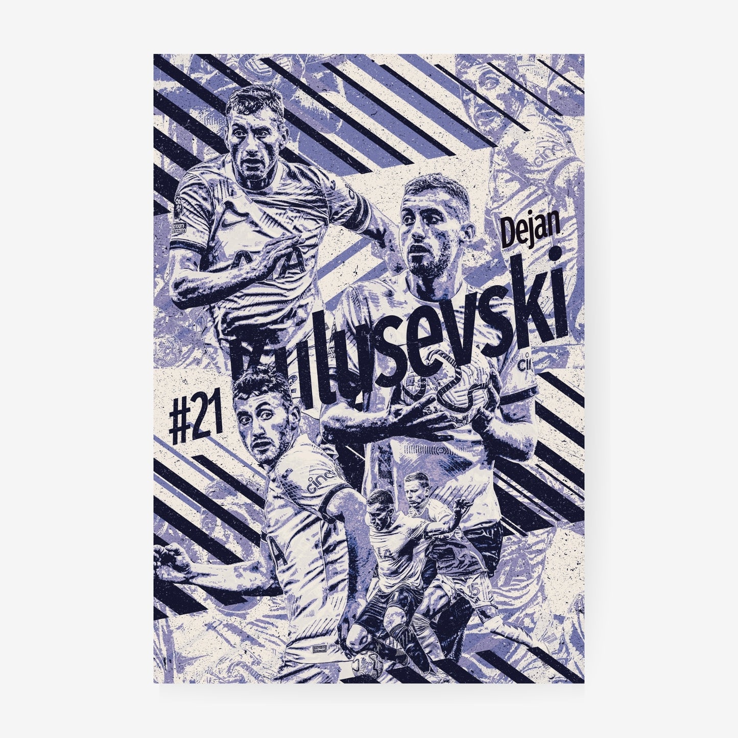 Dejan Kulusevski Tottenham poster featuring the Swedish footballer in a blue and white graphic collage