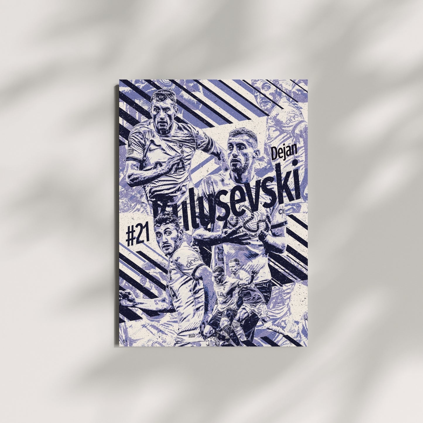 Dejan Kulusevski Tottenham wall art displayed on a minimalist wall featuring a blue and white football design