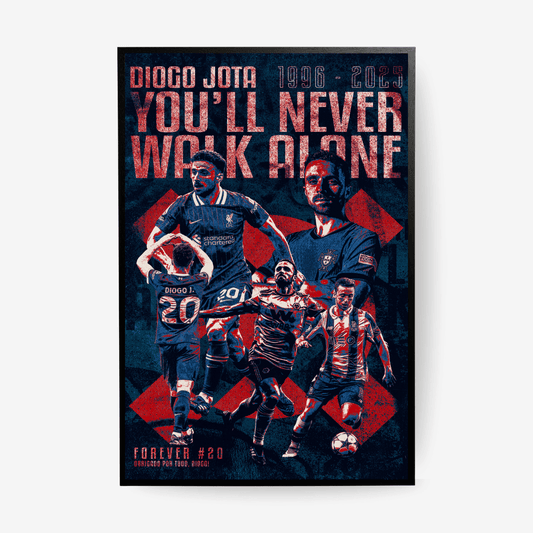 Diogo Jota Liverpool football poster – You'll Never Walk Alone tribute design, red and blue artwork