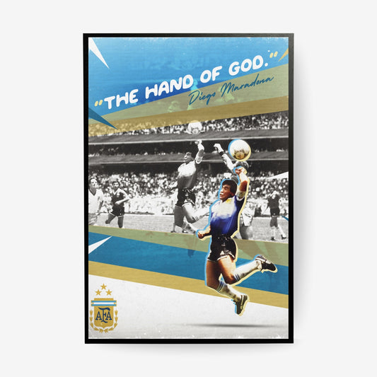 Diego Maradona Hand of God Argentina football poster in a black frame featuring the iconic 1986 World Cup moment