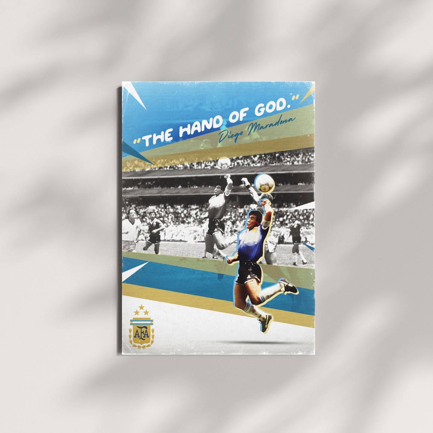 Diego Maradona Hand of God football wall art displayed on a modern wall with a vintage Argentina inspired design
