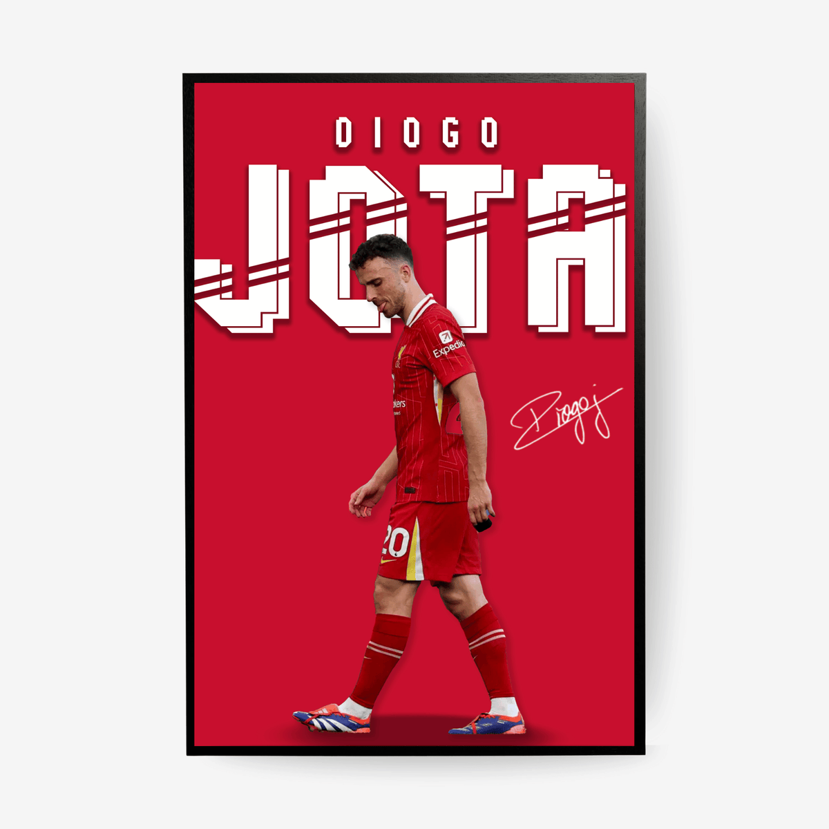 Framed Diogo Jota football poster displayed in a modern living room