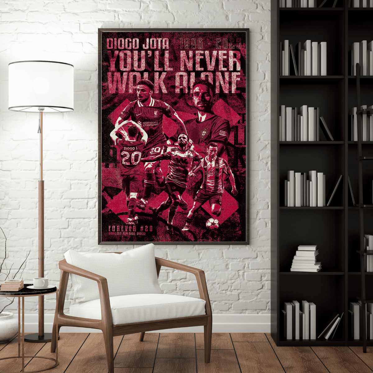 Framed Diogo Jota Liverpool football poster – dark red You'll Never Walk Alone wall art in modern living room, great football gift