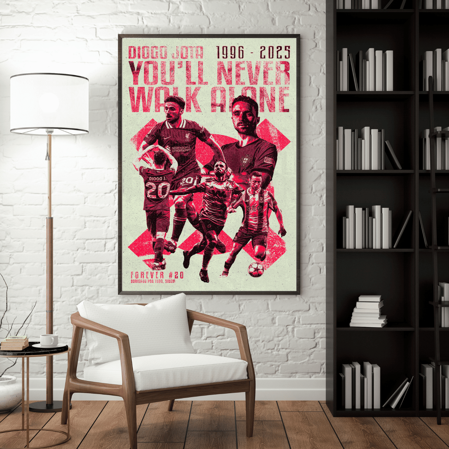 Framed Diogo Jota Liverpool football poster – You'll Never Walk Alone wall art displayed in modern living room, ideal football gift