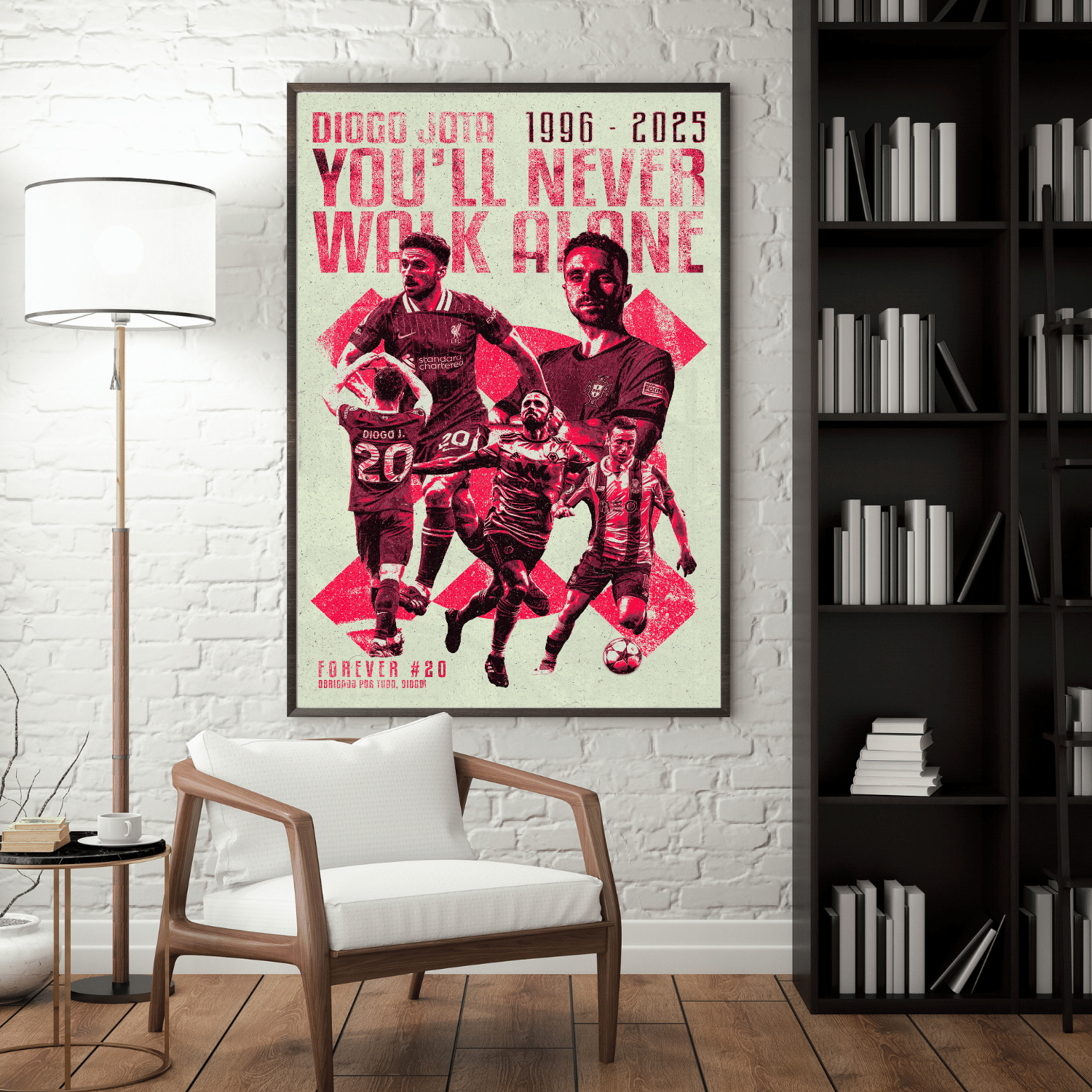 Framed Diogo Jota Liverpool football poster – You'll Never Walk Alone wall art displayed in modern living room, ideal football gift