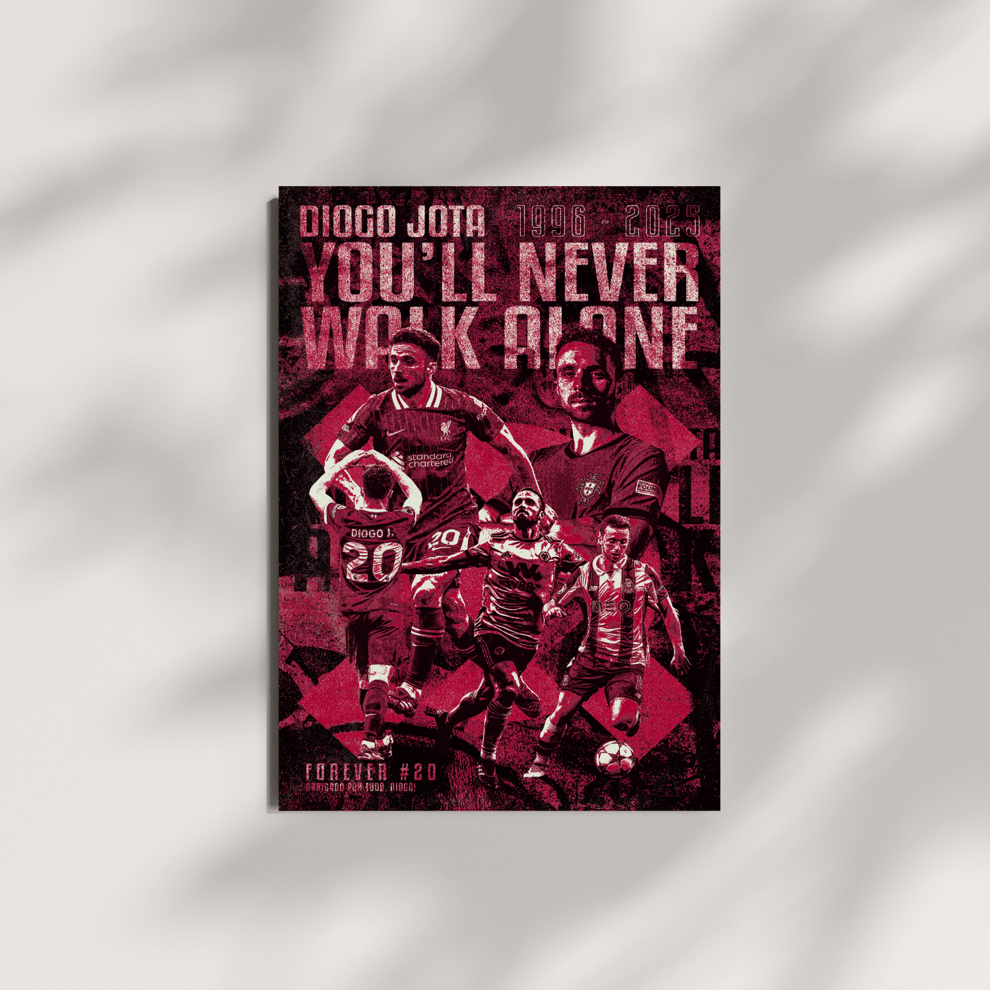 Diogo Jota Liverpool football print – dark red You'll Never Walk Alone poster on neutral grey background, perfect football gift