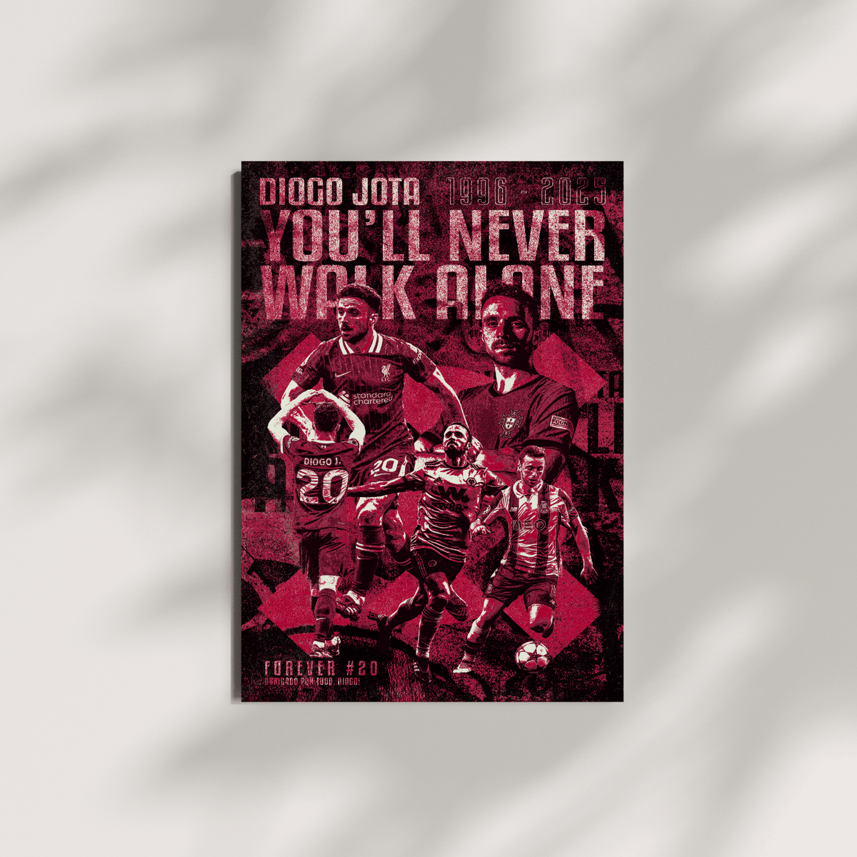 Diogo Jota Liverpool football print – dark red You'll Never Walk Alone poster on neutral grey background, perfect football gift