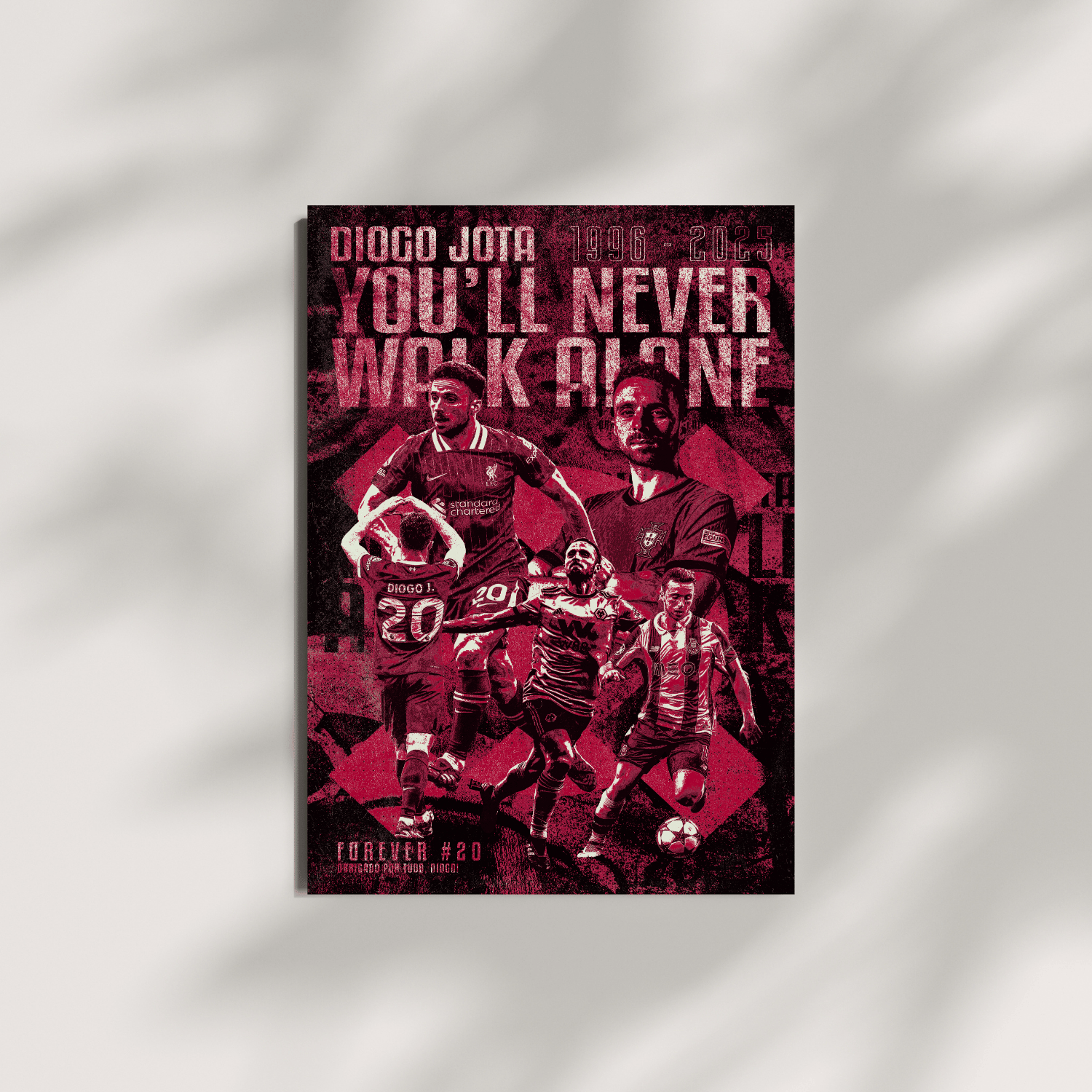 Diogo Jota Liverpool football print – dark red You'll Never Walk Alone poster on neutral grey background, perfect football gift