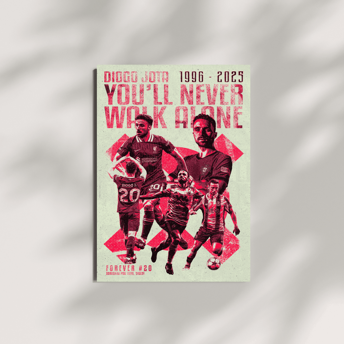 Diogo Jota Liverpool football print – You'll Never Walk Alone poster on neutral grey background, great football gift
