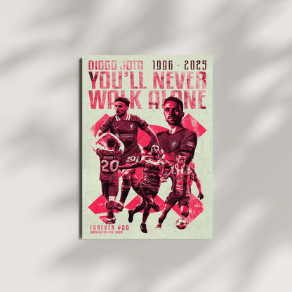 Diogo Jota Liverpool football print – You'll Never Walk Alone poster on neutral grey background, great football gift