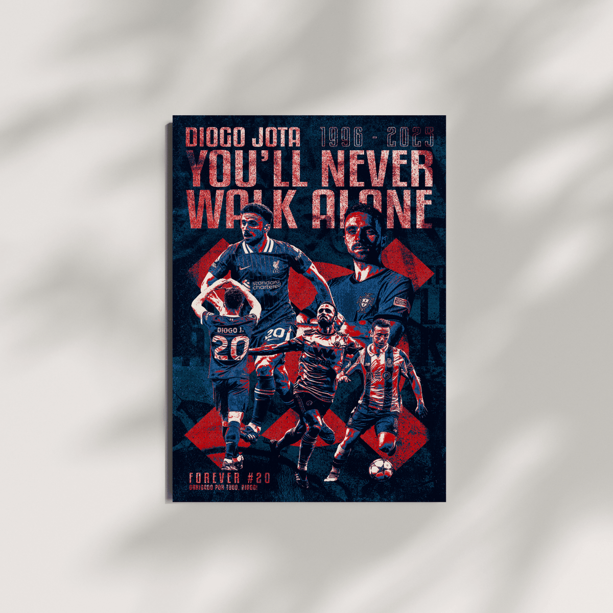 Diogo Jota Liverpool football wall art print – framed You'll Never Walk Alone poster on neutral grey background