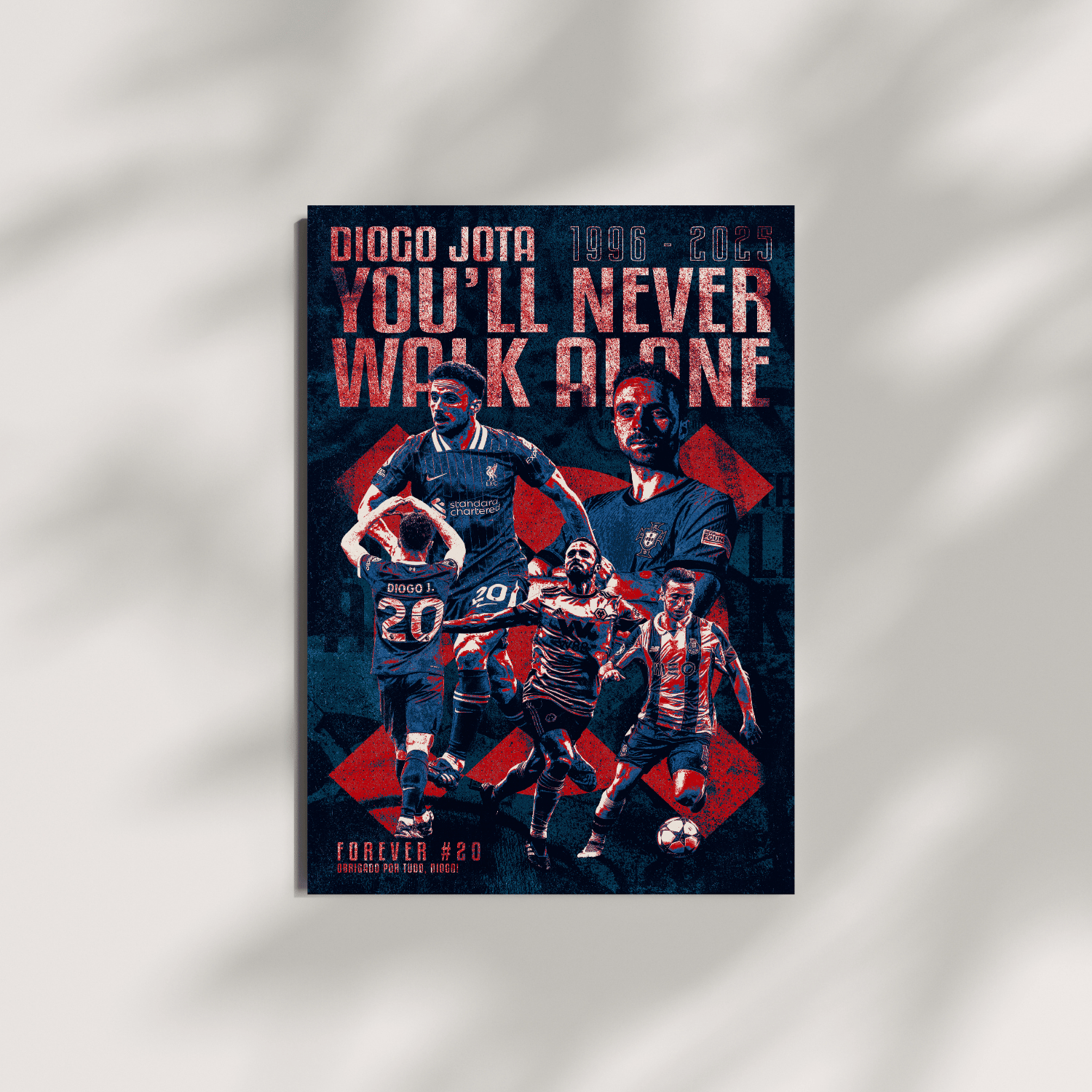 Diogo Jota Liverpool football wall art print – framed You'll Never Walk Alone poster on neutral grey background