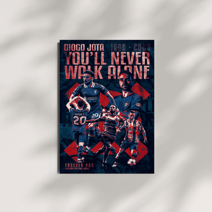 Diogo Jota Liverpool football wall art print – framed You'll Never Walk Alone poster on neutral grey background