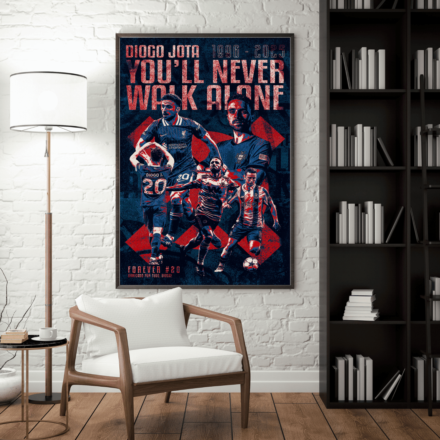 Diogo Jota Liverpool FC football poster – framed You'll Never Walk Alone artwork in modern living room
