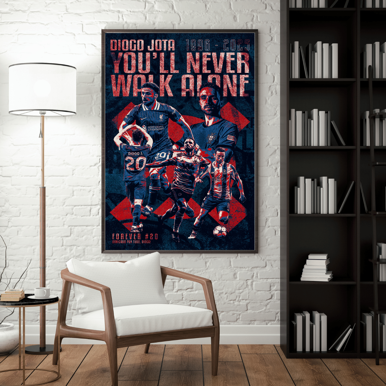 Diogo Jota Liverpool FC football poster – framed You'll Never Walk Alone artwork in modern living room