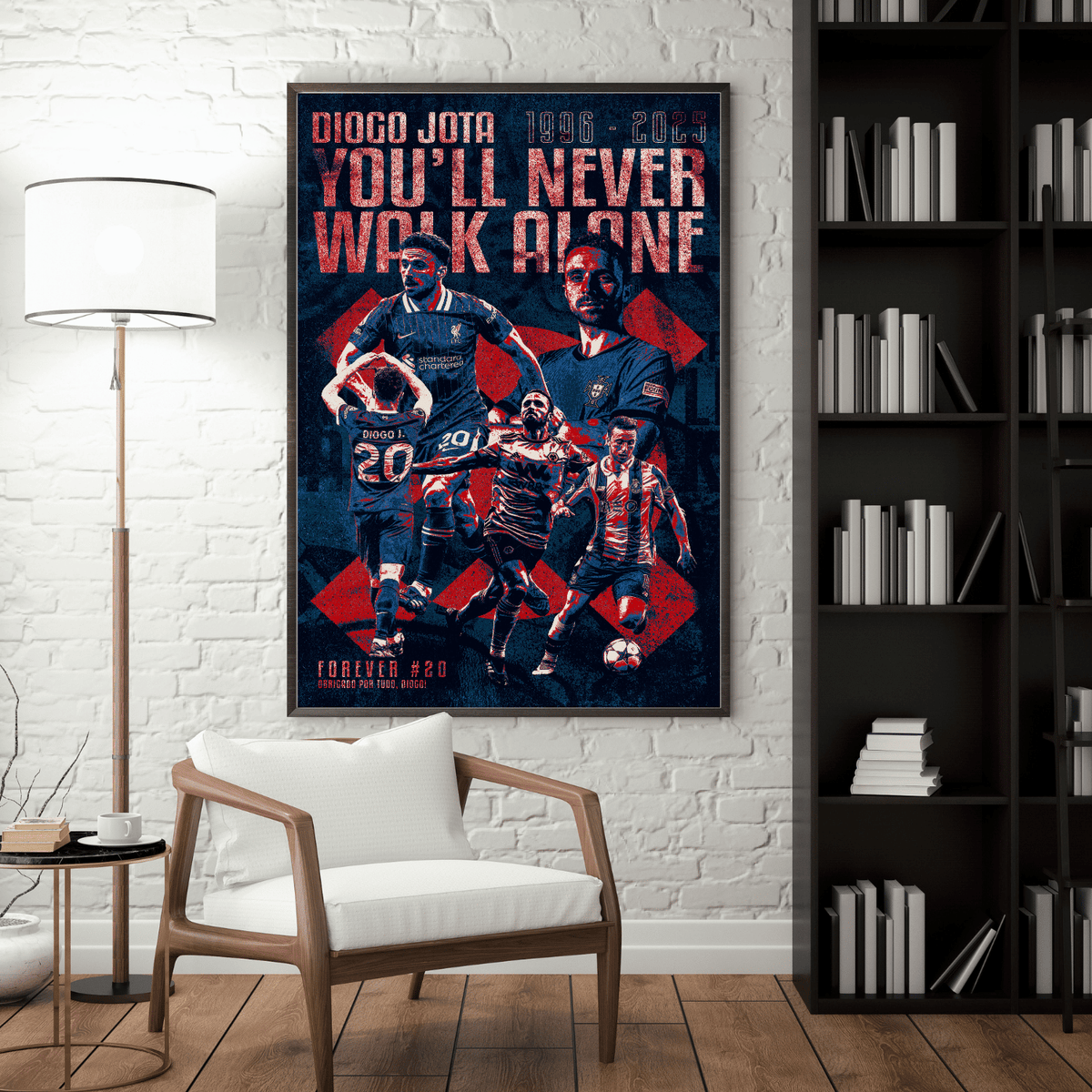 Diogo Jota Liverpool FC football poster – framed You'll Never Walk Alone artwork in modern living room