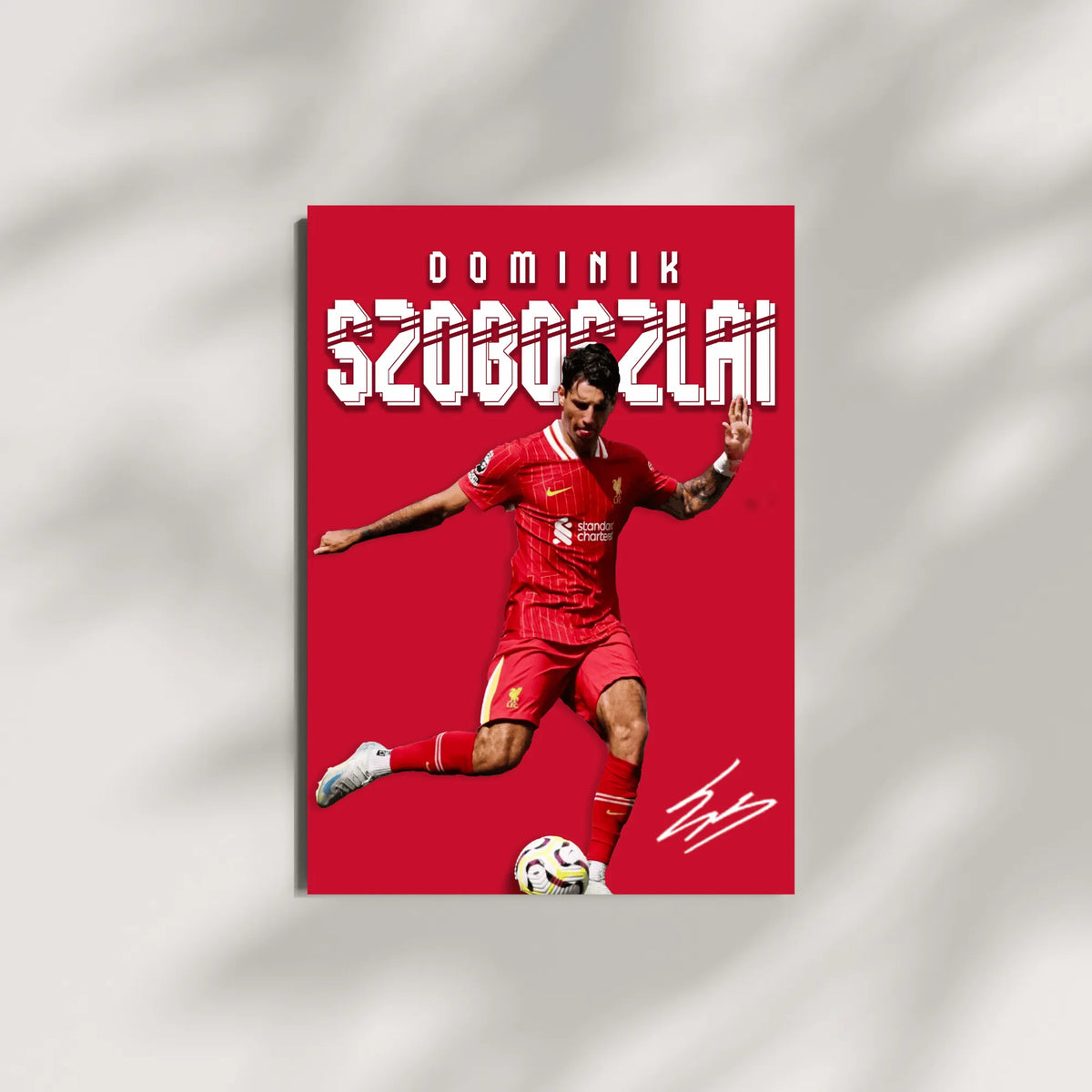 Dominik Szoboszlai kicking ball Liverpool FC football poster for home decor
