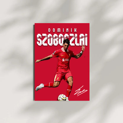 Dominik Szoboszlai kicking ball Liverpool FC football poster for home decor