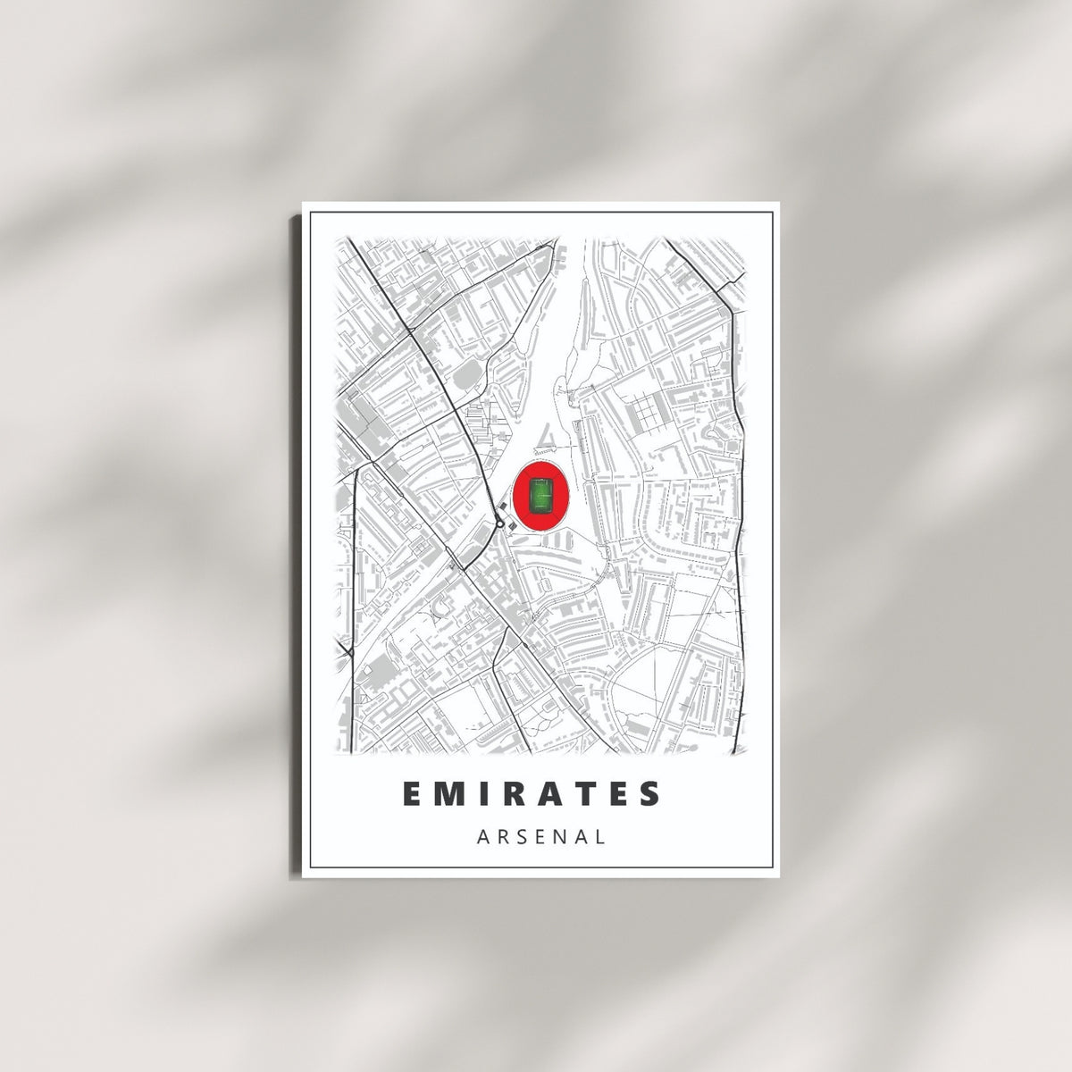 Emirates Stadium Arsenal football wall art featuring a minimalist map design displayed on a modern wall