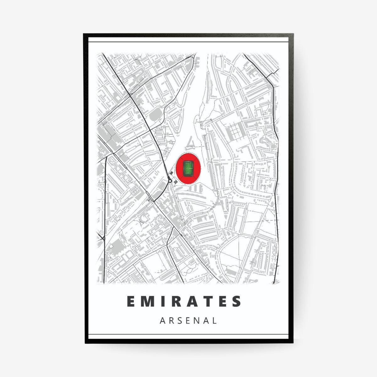 Emirates Stadium Arsenal map poster in a black frame featuring a minimalist street map of North London