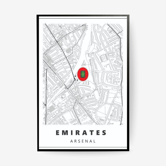 Emirates Stadium Arsenal map poster in a black frame featuring a minimalist street map of North London