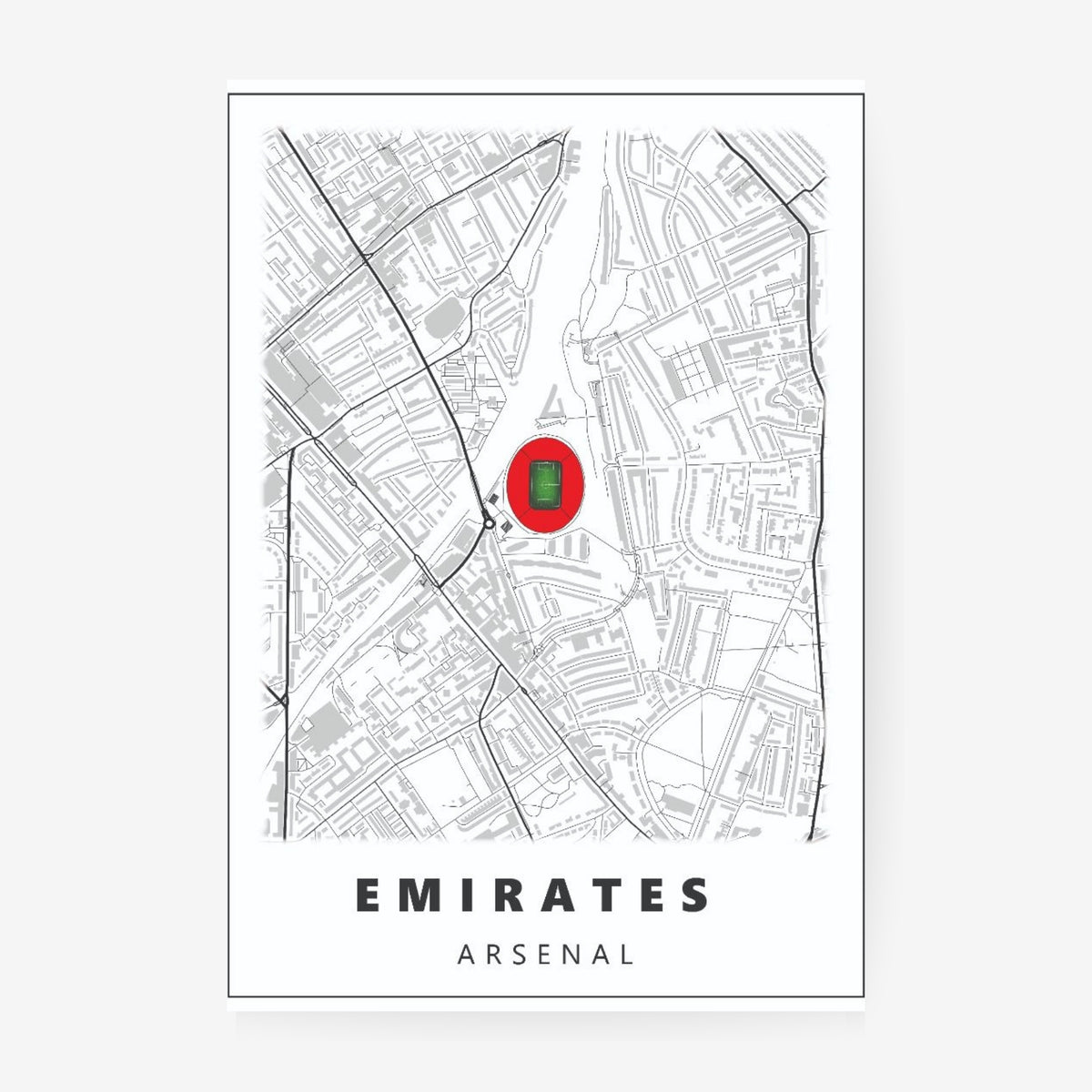 Emirates Stadium Arsenal map poster featuring a minimalist London street map and the iconic Arsenal stadium
