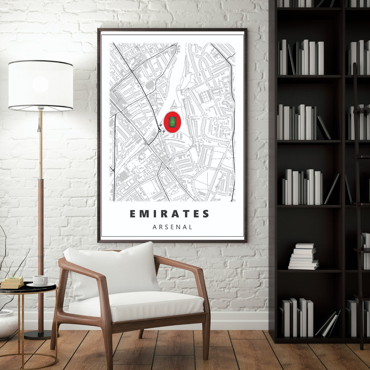 Emirates Stadium Arsenal map poster displayed in a modern interior with a minimalist football stadium design