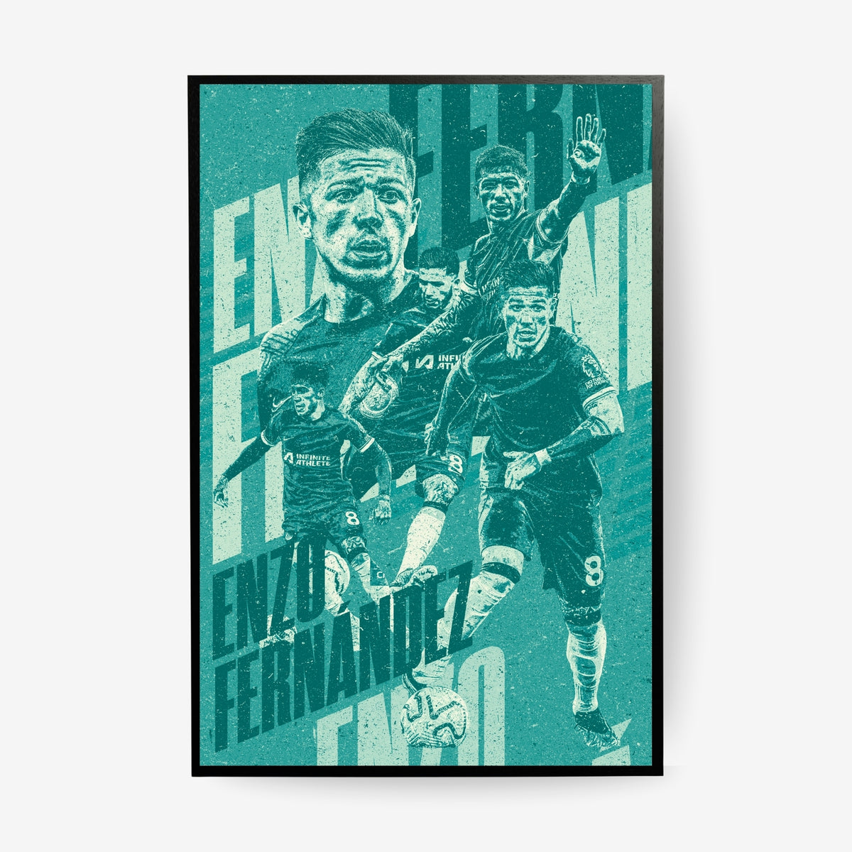 Enzo Fernandez Chelsea poster in a black frame featuring a turquoise vintage football collage design