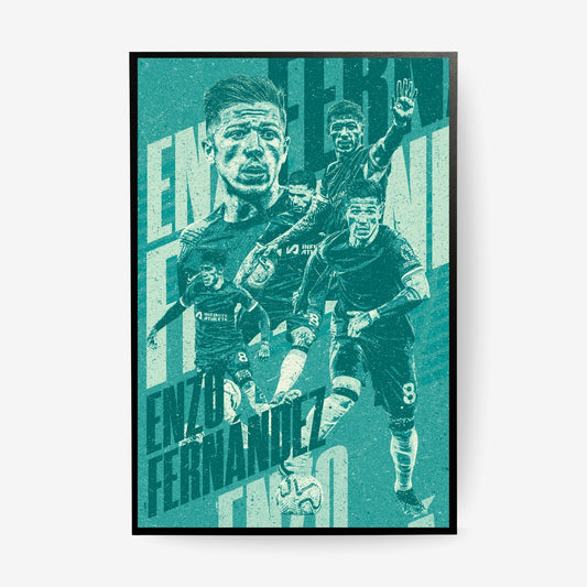 Enzo Fernandez Chelsea poster in a black frame featuring a turquoise vintage football collage design