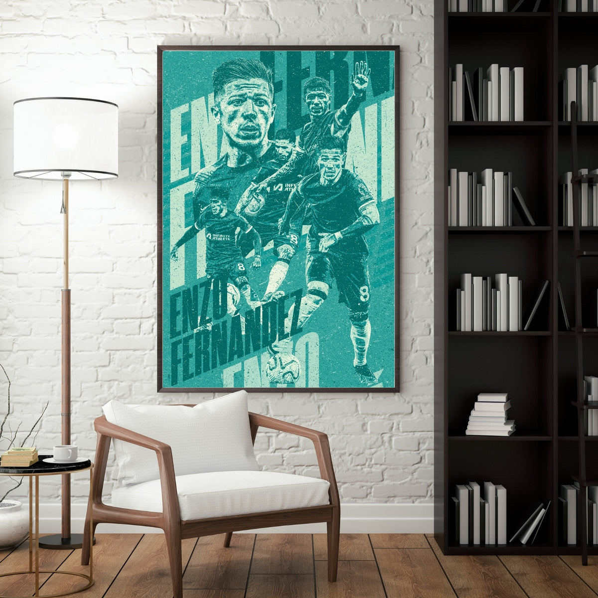Enzo Fernandez Chelsea poster displayed in a modern interior with a dark frame
