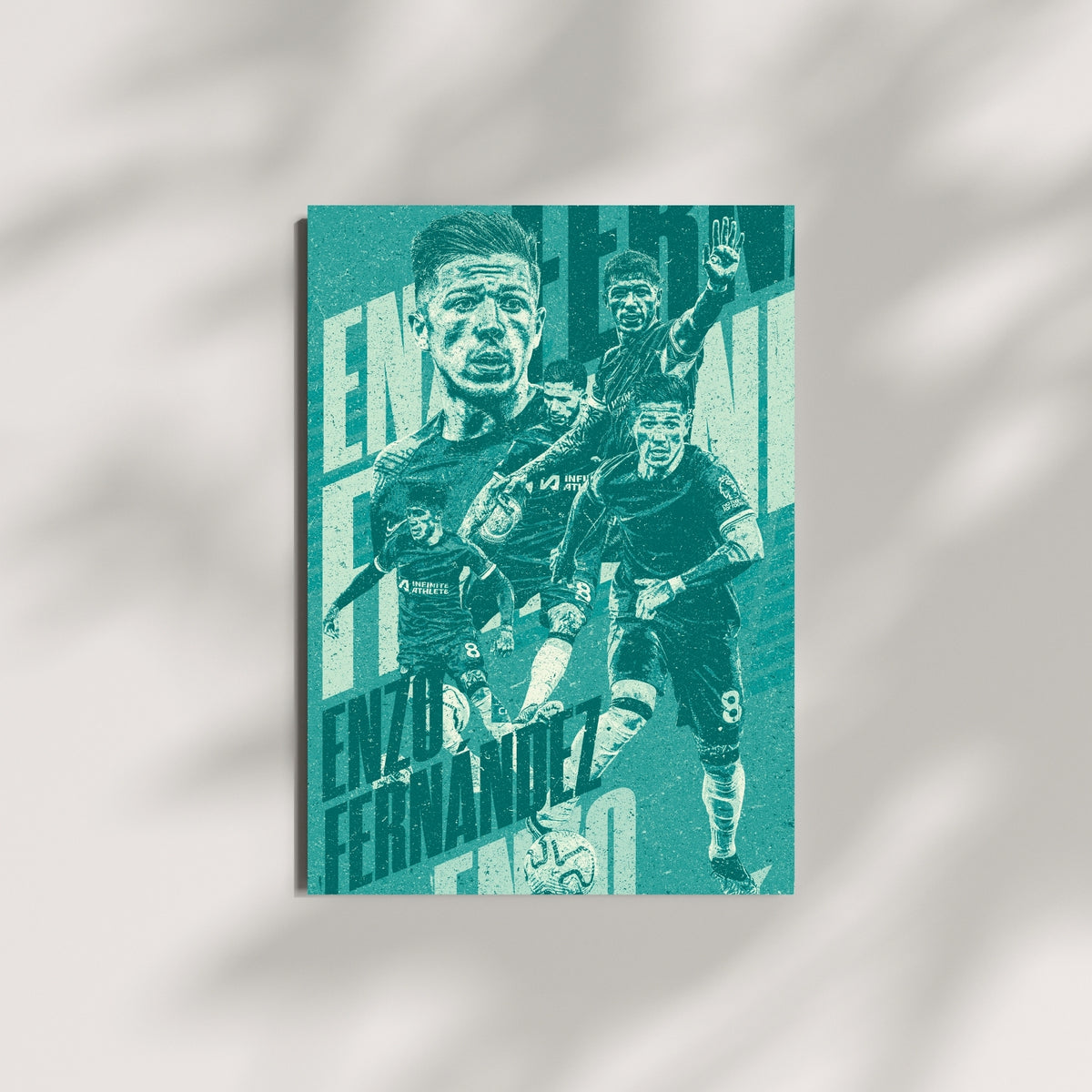 Enzo Fernandez Chelsea wall art displayed on a minimalist wall in a turquoise vintage graphic design