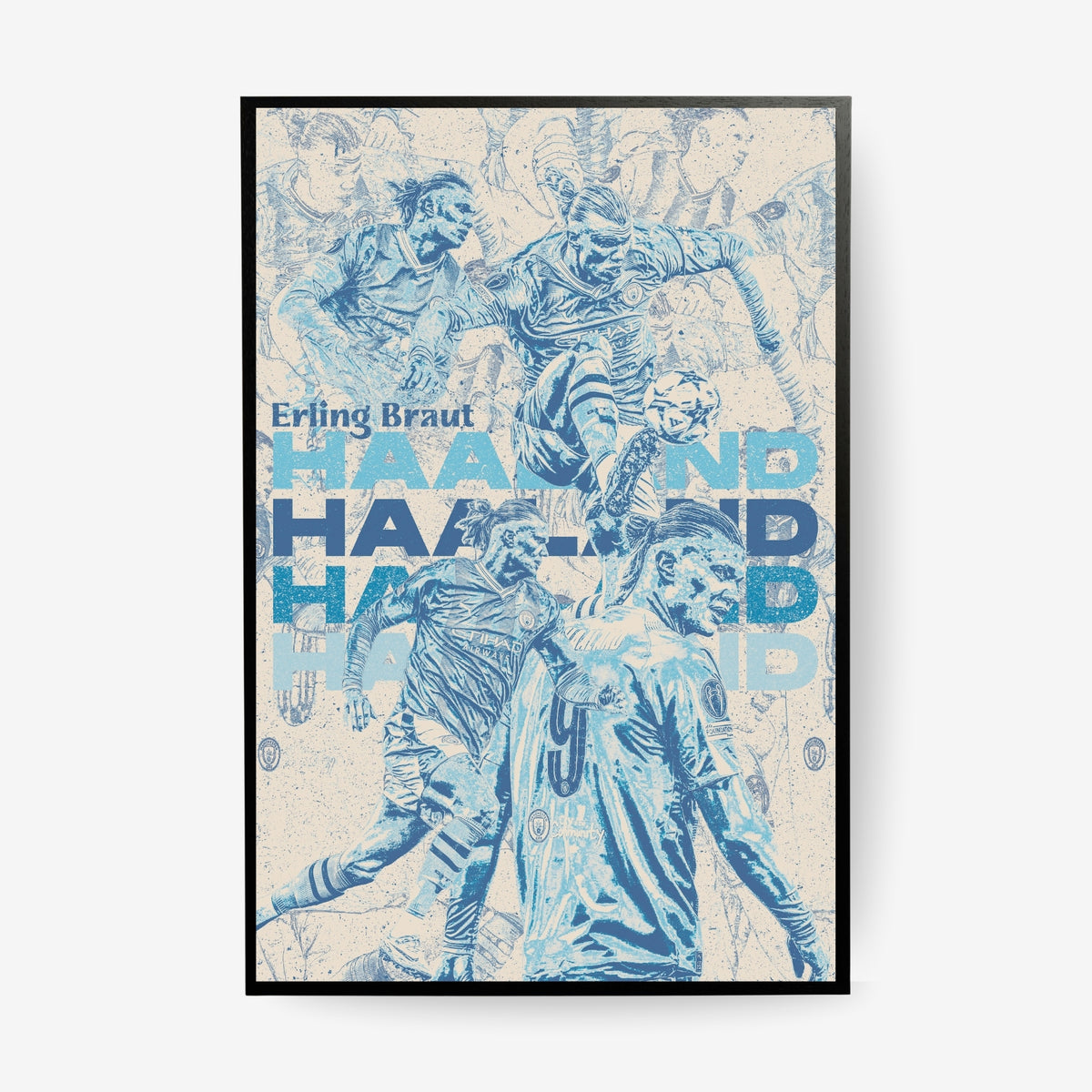 Erling Haaland Manchester City poster in a black frame featuring a blue and cream football collage design