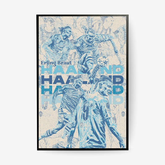 Erling Haaland Manchester City poster in a black frame featuring a blue and cream football collage design