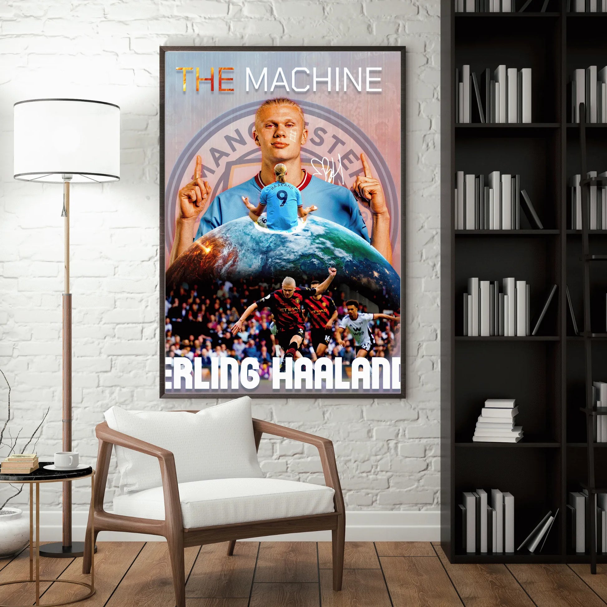 Erling Haaland Manchester City football poster mockup on wall