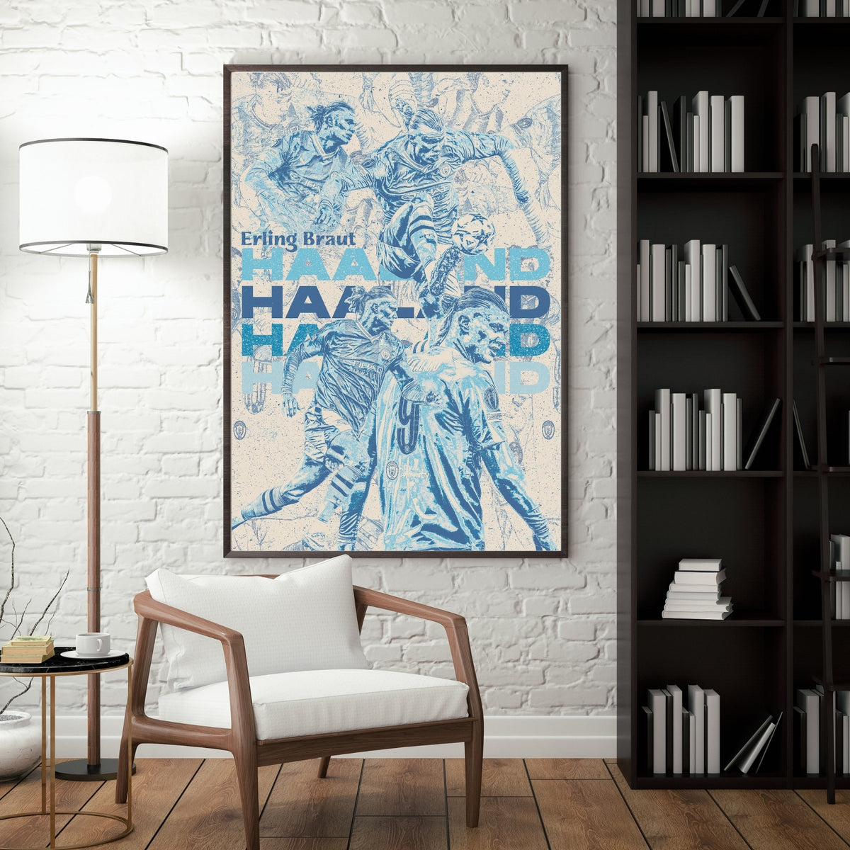 Erling Haaland Manchester City poster displayed in a modern interior with a dark frame