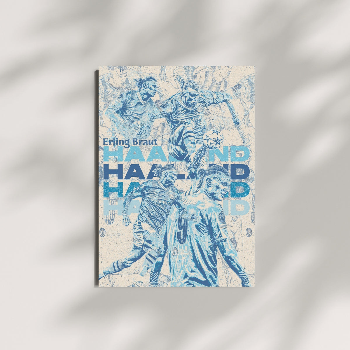 Erling Haaland Manchester City wall art displayed on a minimalist wall in a blue and cream graphic design