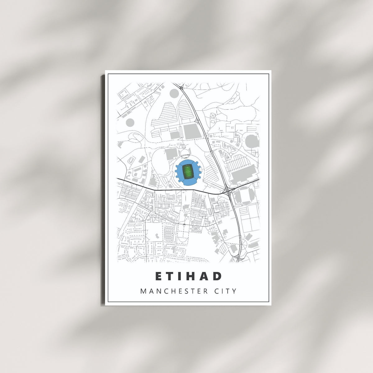 Etihad Manchester City football wall art featuring a minimalist stadium map design displayed on a modern wall