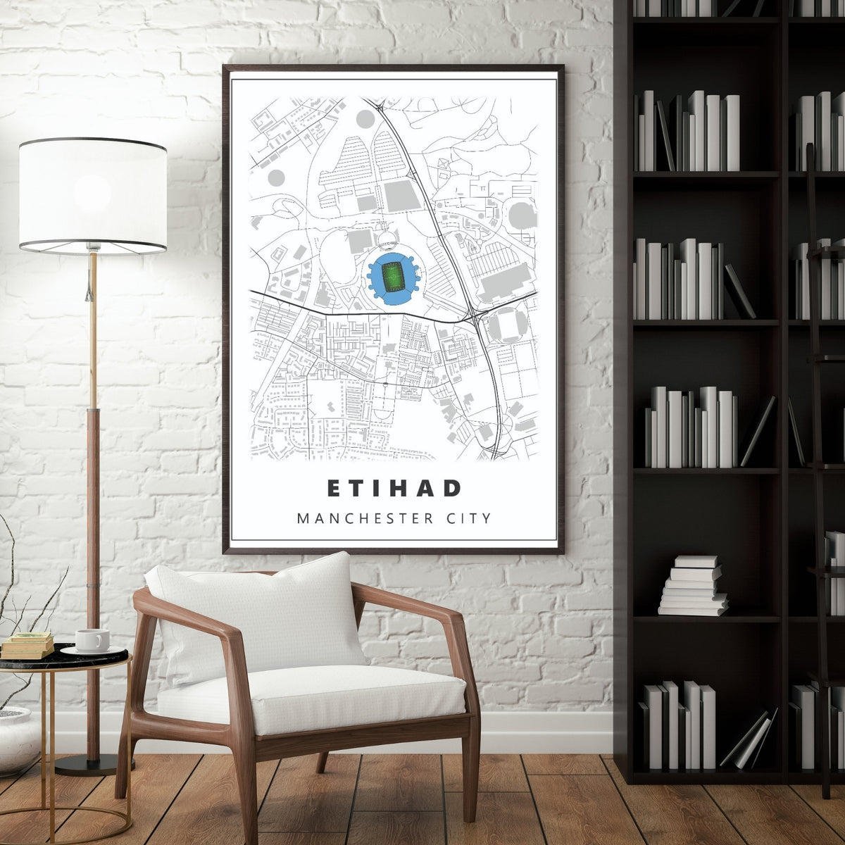 Etihad Manchester City stadium map poster displayed in a modern interior as minimalist football room decor