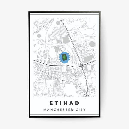 Etihad Manchester City stadium map poster in a black frame featuring a minimalist city map with the iconic football stadium highlighted in blue
