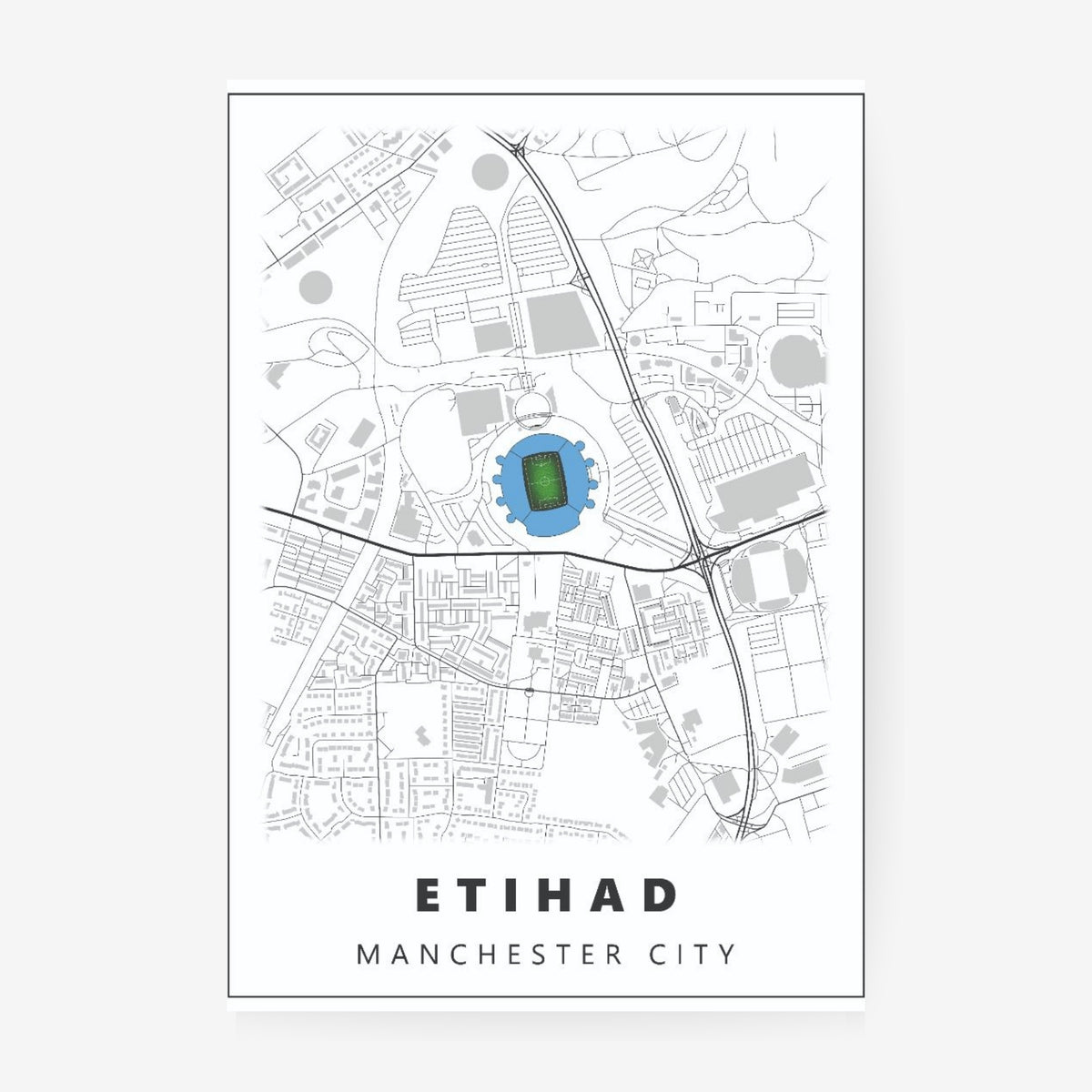 Etihad Manchester City stadium map poster featuring a minimalist city street map with the iconic football stadium highlighted in blue